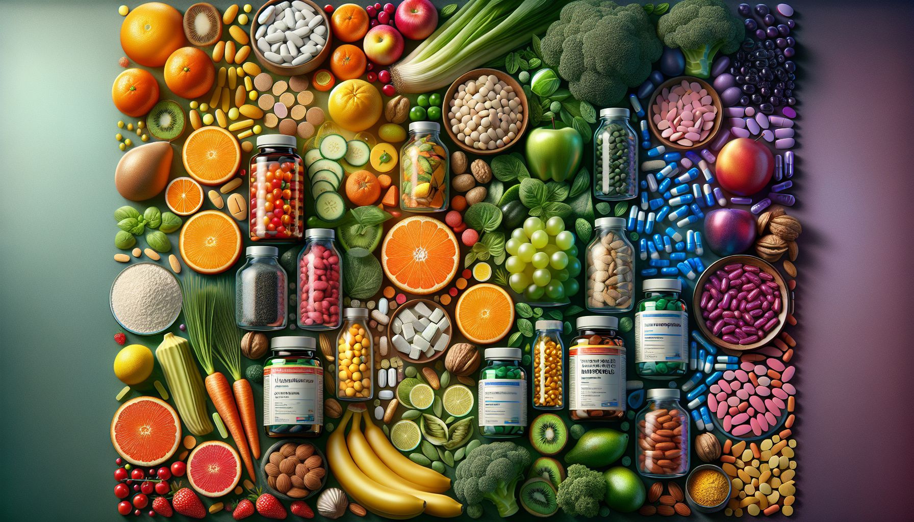 Image showcasing various vitamins and minerals in colorful capsules and natural food sources